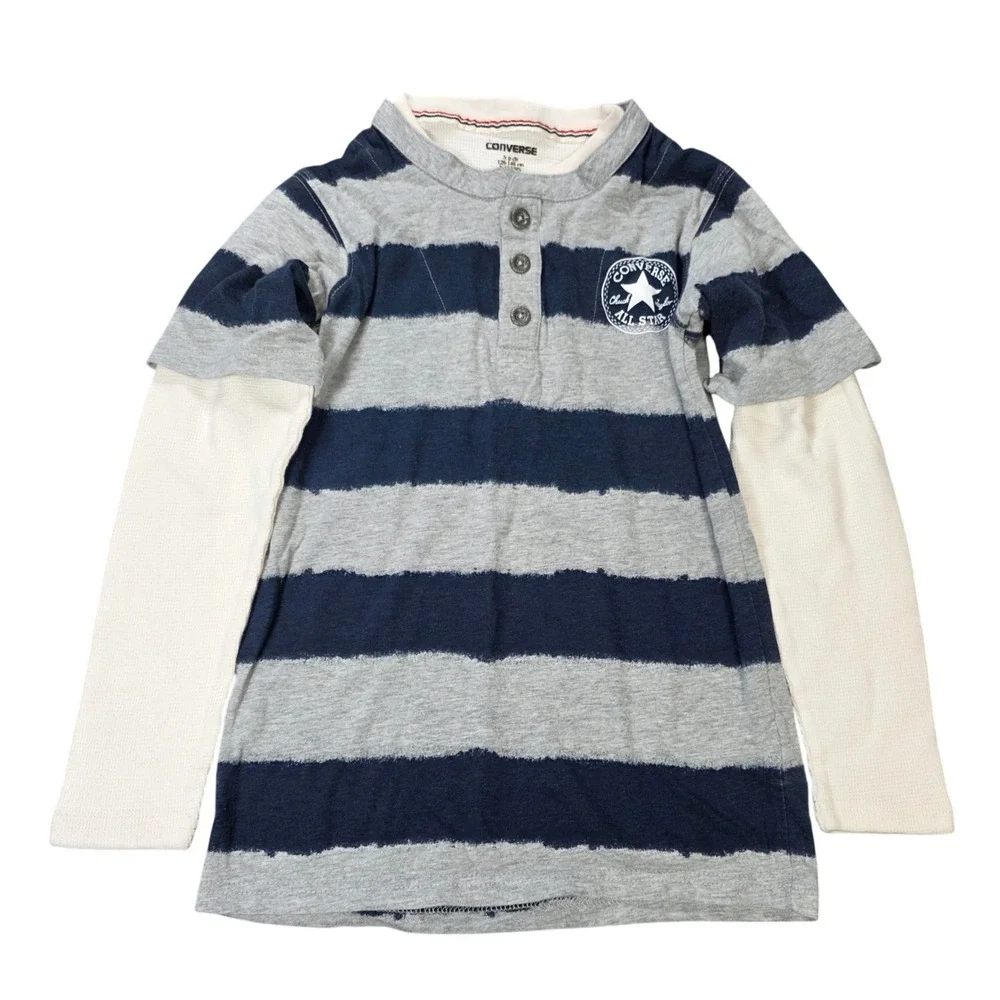 Converse All Star Striped Layered Henley Shirt Boy's Size 8-10 Yrs Grey Navy